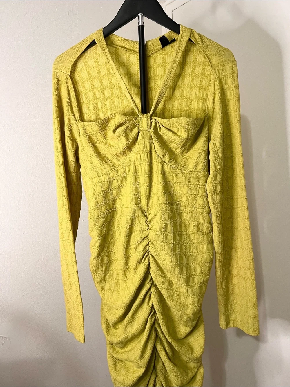 Chartreuse Ruched Bodycon Midi Dress | Long Sleeve Cutout Statement Dress - Picture 3 of 4
